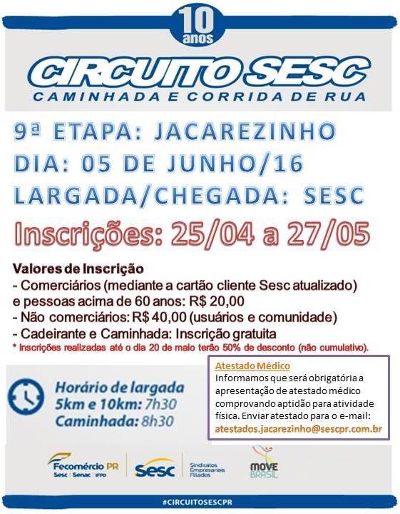 INSCRIÇÕES ABERTAS PARA O CIRCUITO SESC CAMINHADA E CORRIDA DE RUA