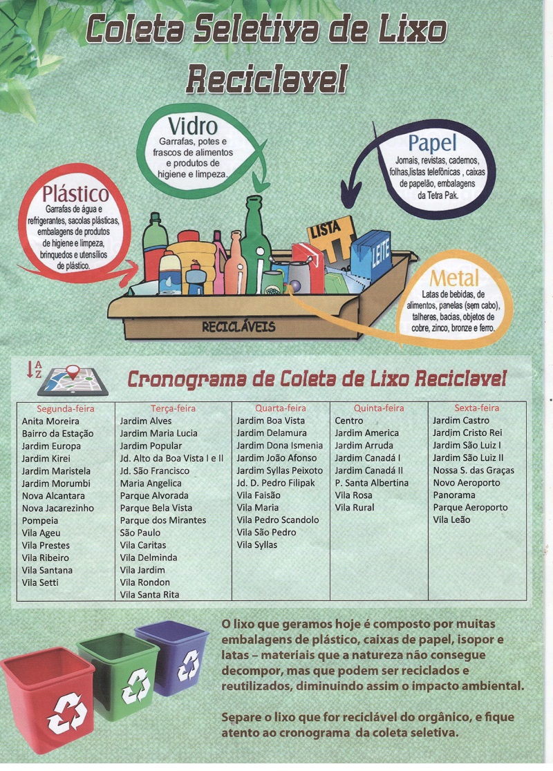 Prefeitura lança novo cronograma de Coleta de Lixo Doméstico, Lixo Reciclável e Entulhos