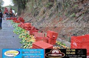 Carreta carregada com tomates leva fechada e sofre acidente na curva do Ubá na BR 153