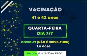 Vacinação contra Covid-19, em jacarezinho nesta quarta 07, serão vacinadas pessoas com 41 e 42 anos.
