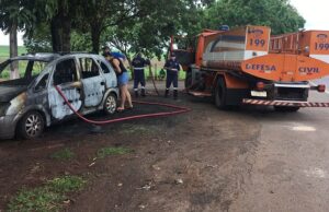 Carro é destruído após pegar fogo as margens da BR 369 em Andirá.